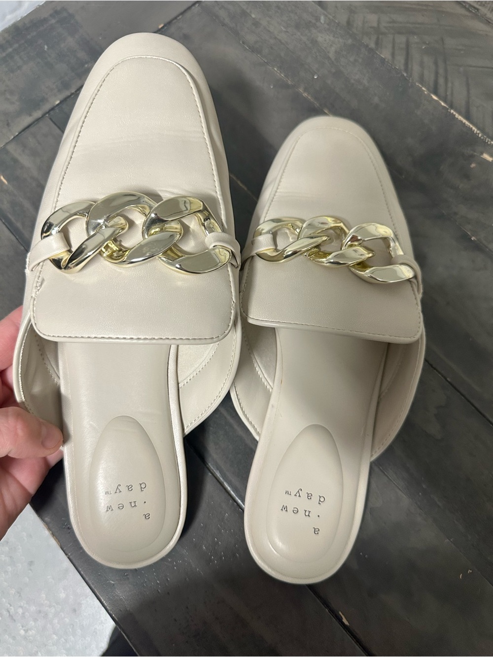a new day Cream Leather Chain-Trim Slide Mules
